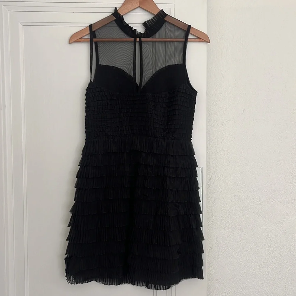 Free People ruffled mesh tiered little black dress cocktail dress womens size 2 - Picture 5 of 7